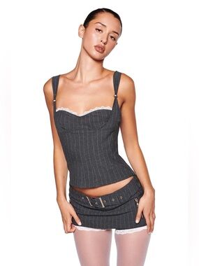 NEW I.AM.GIA Marrion Corset Tank Top Grey Pinstripe Lace Size Medium Academia